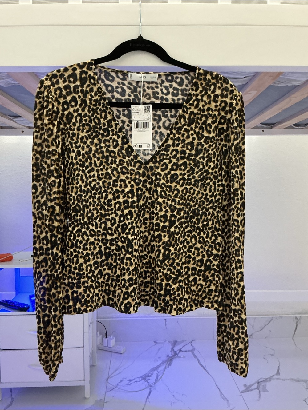 Mango Leopard Print V-Neck Long Sleeve Top - Brown/Black